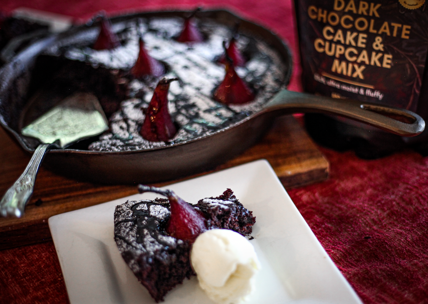 Spiced Red Wine Cast Iron Skillet Cake with Poached Pears