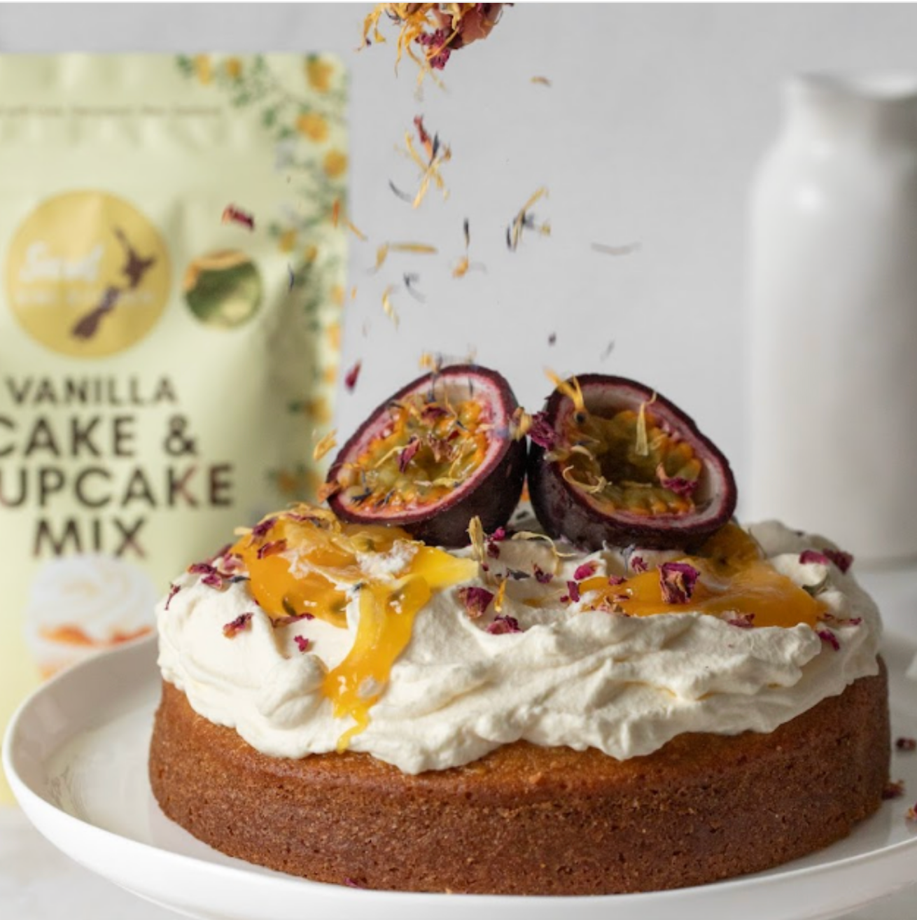 Secret Kiwi Kitchen Vanilla Cake Mix with edible flowers