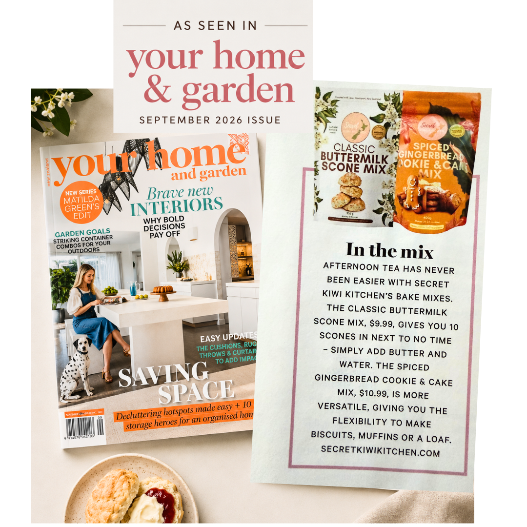 Secret Kiwi Kitchen featured in the September 2026 issue of Your Home & Garden magazine, showcasing Classic Buttermilk Scone Mix and Spiced Gingerbread Cookie & Cake Mix.