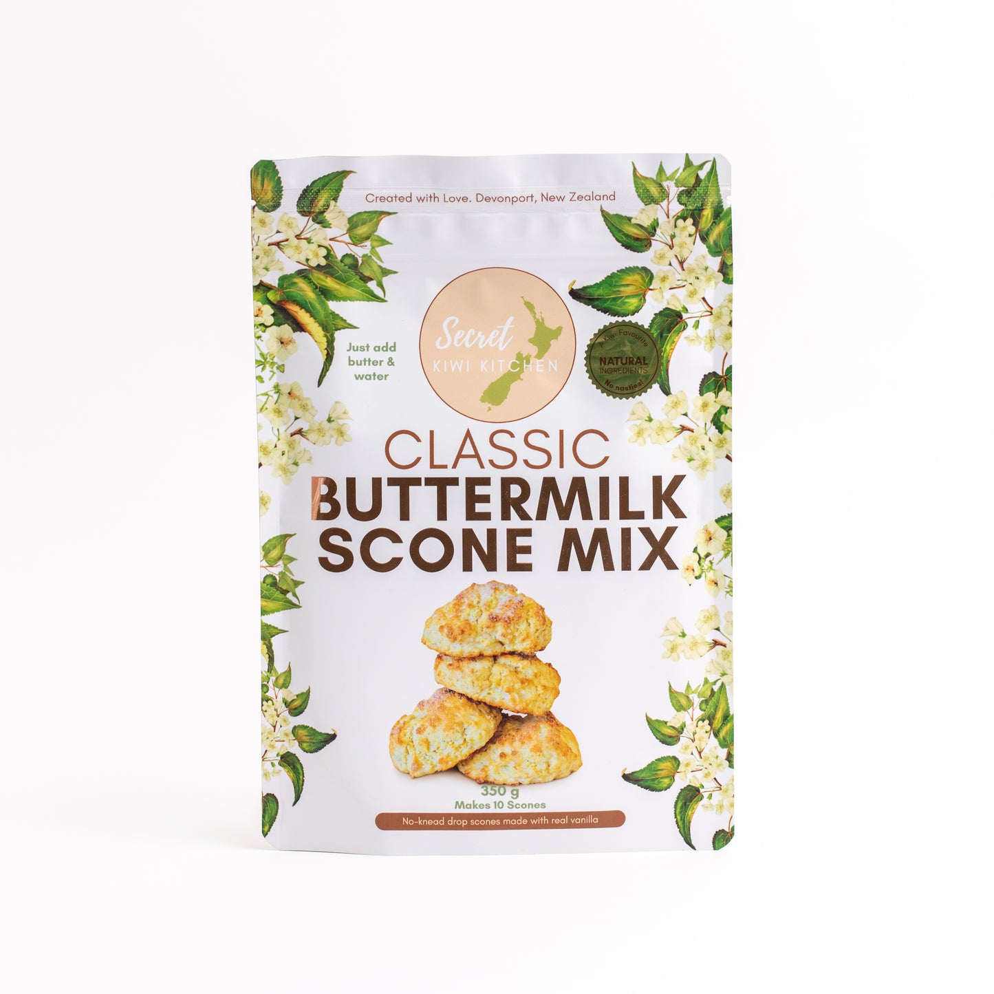 Package of Secret Kiwi Kitchen Kitchen Classic Buttermilk Scone Mix on a white background