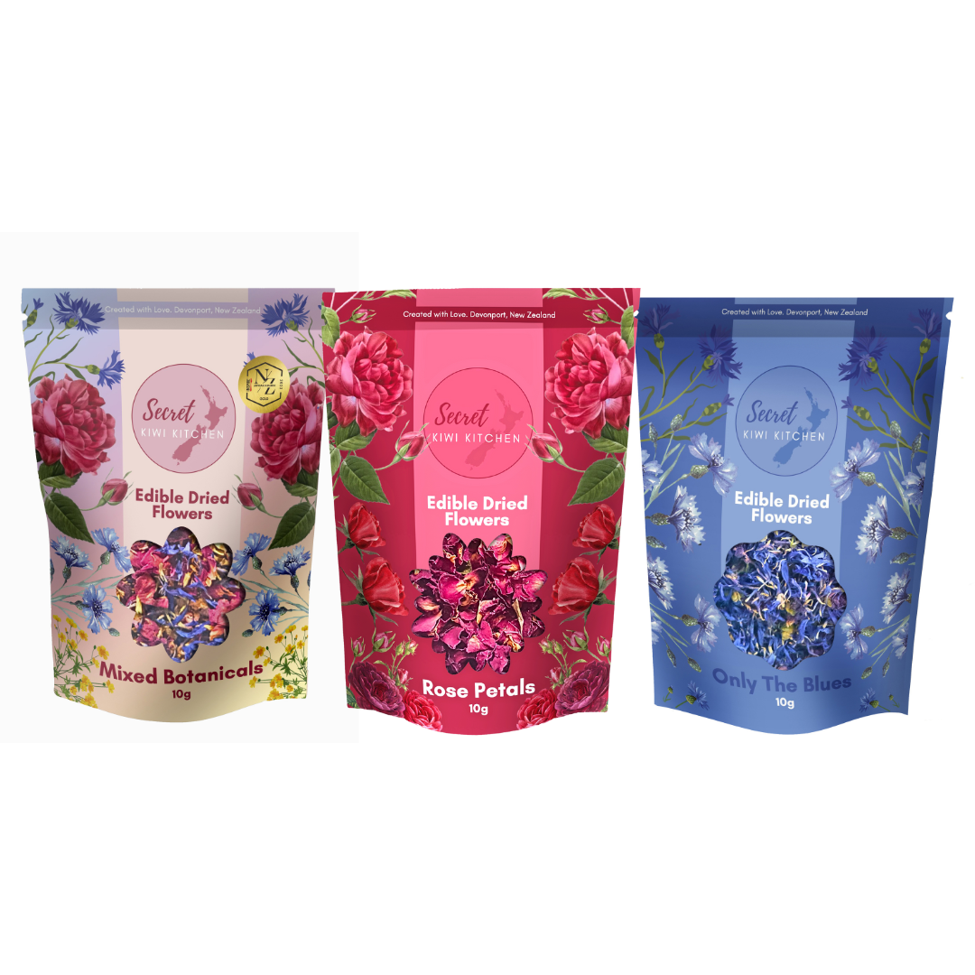 Secret Kiwi Kitchen Edible Flower Pouch Bundle, Set of 3, Mixed Botanicals, Rose Petals, Only the Blues.