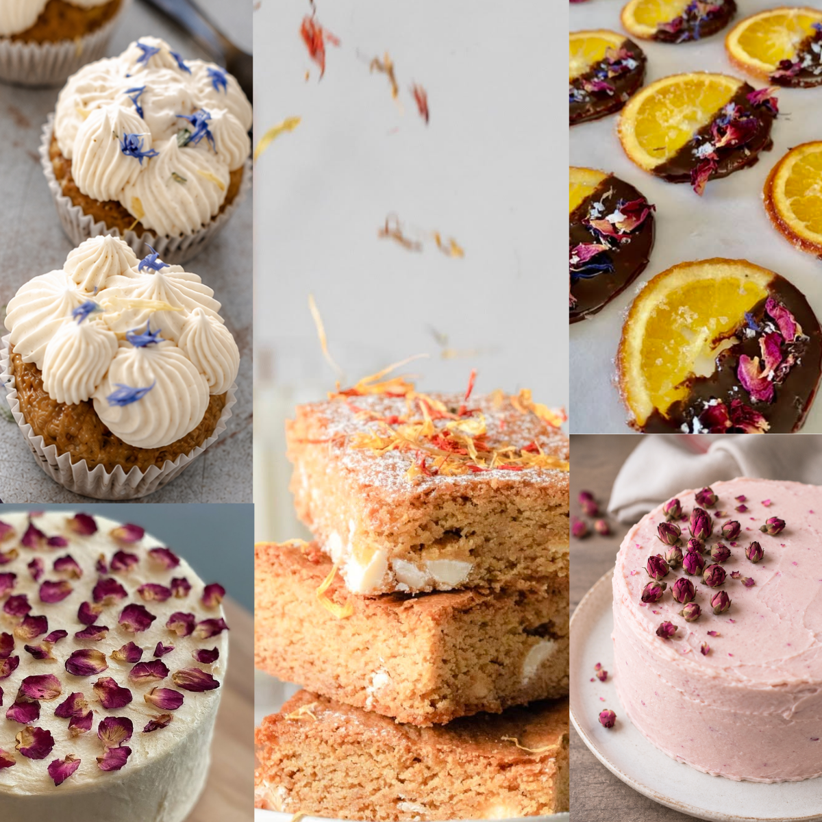 A collage of six food items: two white whipped cupcakes with blue flower decorations, a stack of layered sponge cake slices topped with dried citrus zest, chocolate-covered orange slices with rose petals, a white cake topped with dried rose petals, and a pink frosted round cake with rose petal sprinkles.