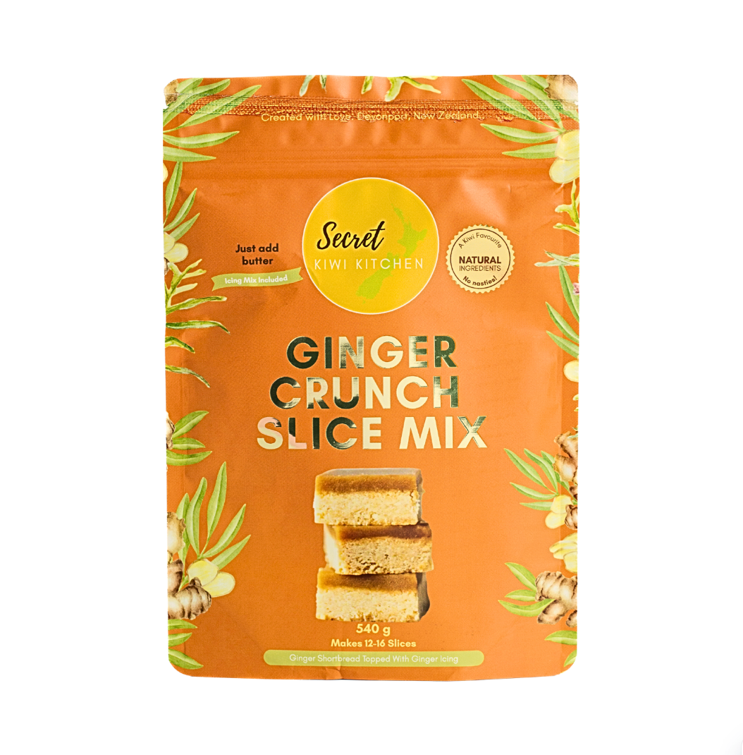 Packaging of Secret Kiwi Kitchen Ginger Crunch Slice Mix on a white background