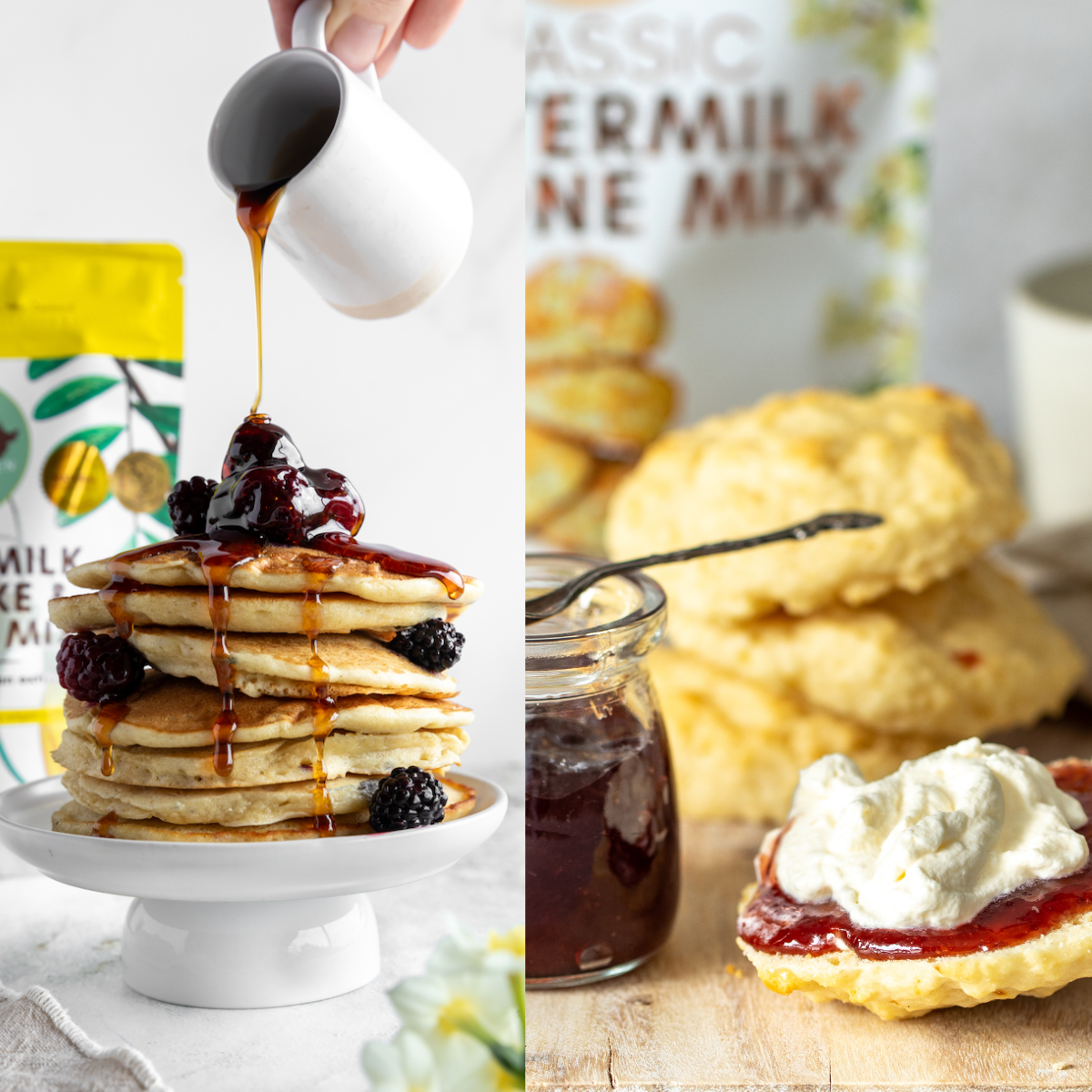 A split lifestyle scene featuring Secret Kiwi Kitchen classic buttermilk mix scones and pancakes. On the left, syrup is being poured from a small white pitcher onto a stack of pancakes topped with berries, with a bag of classic milk mix visible in the background.