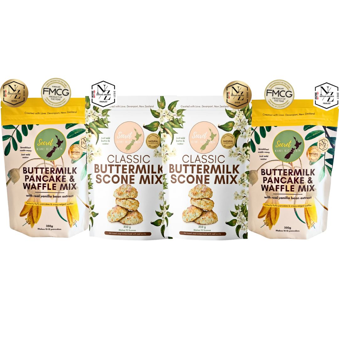 Four packages of Sweet & Zesty Secret Kiwi Kitchen Buttermilk Pancake and Waffle Mix with branding on a white background