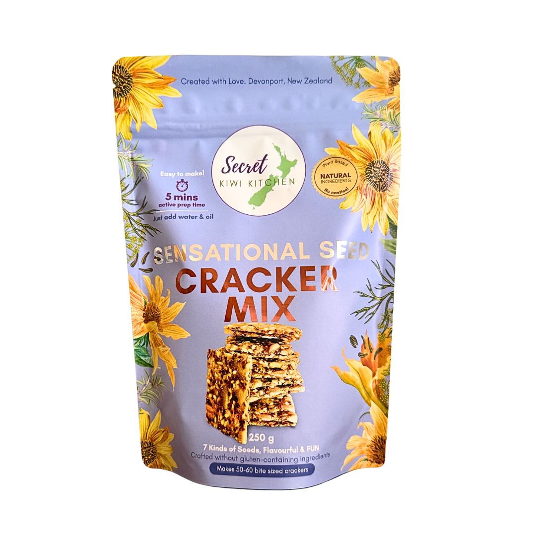 Packaging of Secret Kiwi Kitchen Sensational Seeded Seed Cracker Mix with images of sunflowers and the product title displayed prominently.